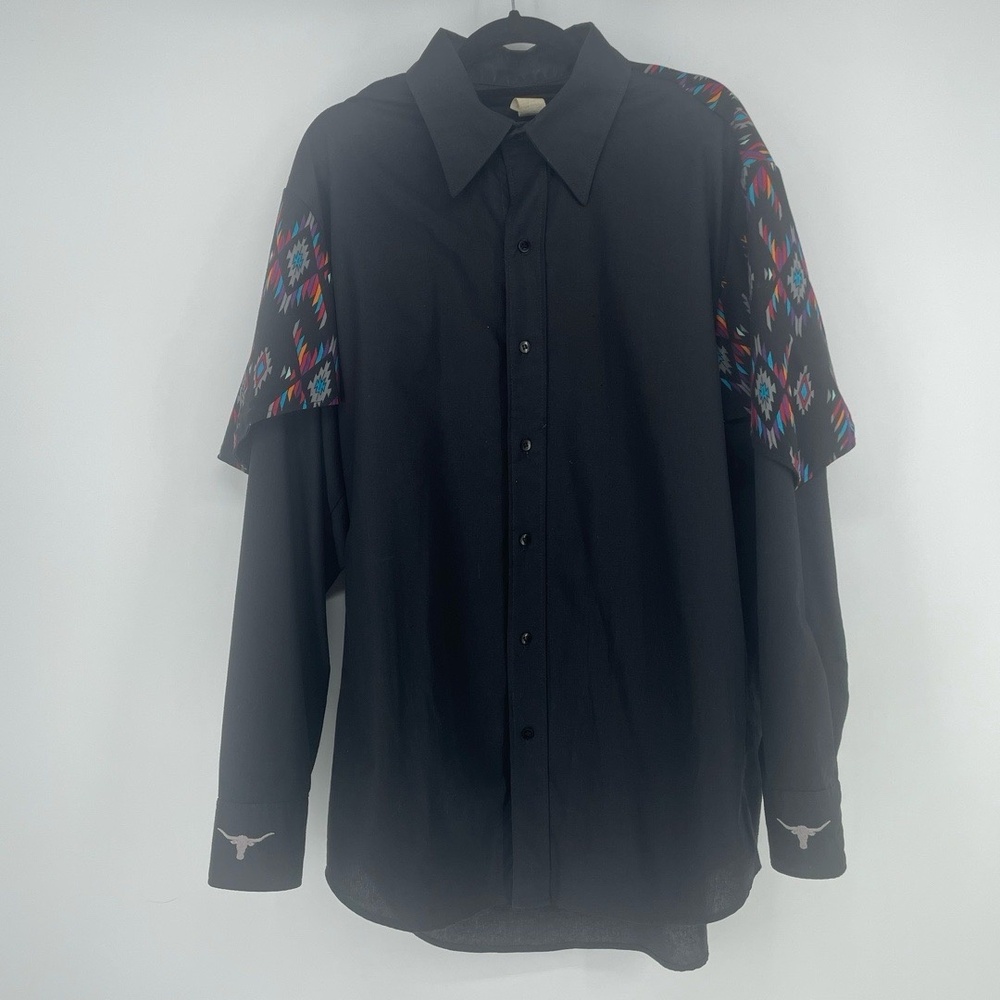 Vintage Mens Western Shirt Southwestern Yokes Black sz L Embroidered Cowboy Core